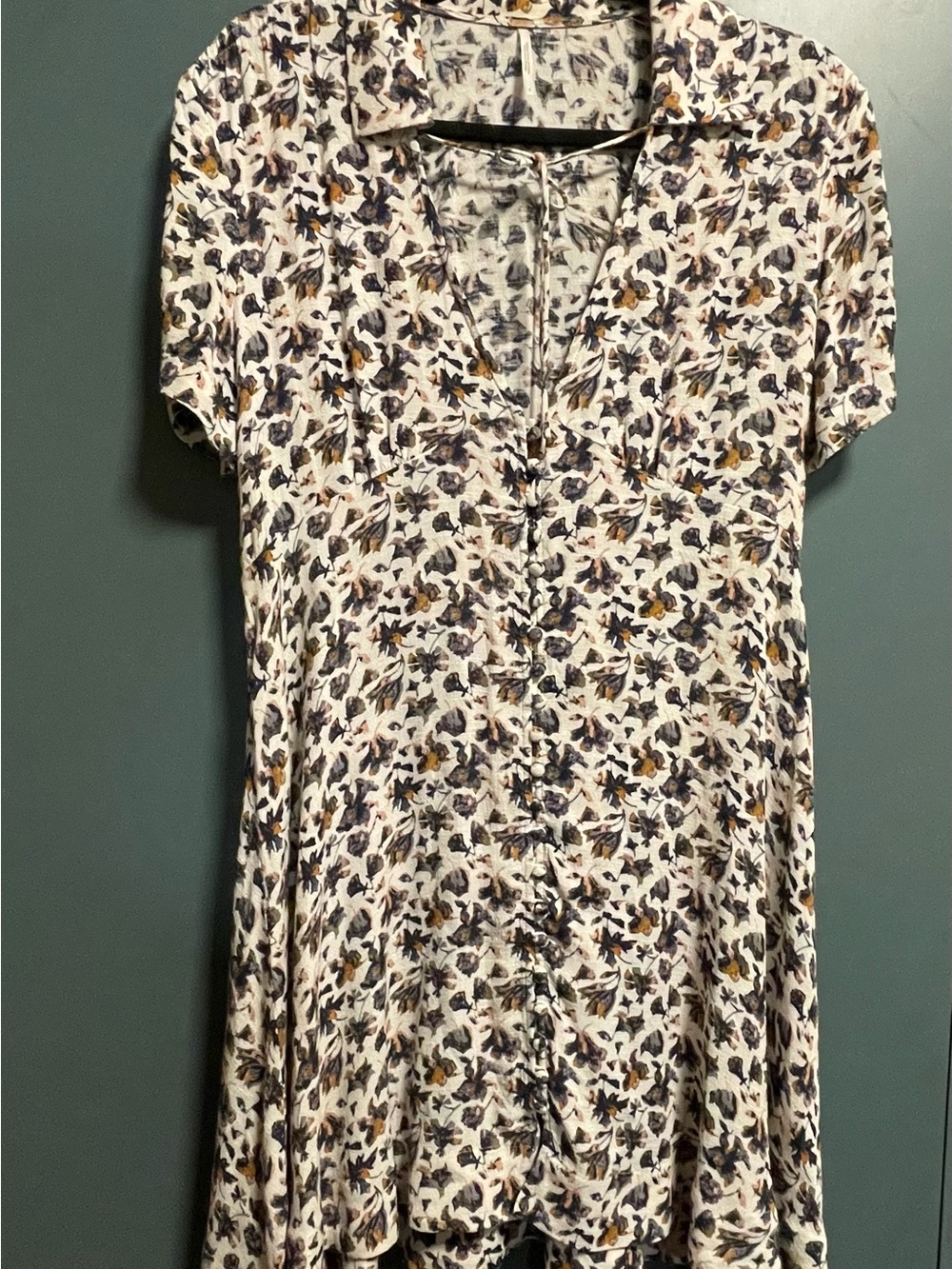 Free People Cream Floral Button-Down Tunic with Gray and Mustard Accents